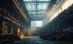 an industrial setting with sunlight coming through glass