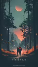 two people walk through a forest, carrying bags under the moonlight