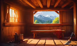 an open window in the center of a wood paneled cabin,a very nice looking room with a big window