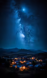 a city that is by some trees with a sky full of stars