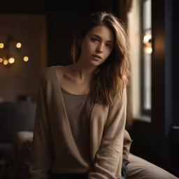 a beautiful woman in a light brown top