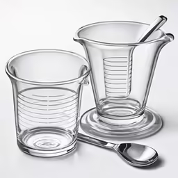 a glass measuring cup and spoon with clear bowls
