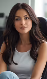 the beautiful brunette woman sits in her chair