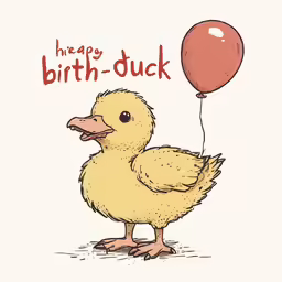 a small duck holding a balloon that says happy birthday duck