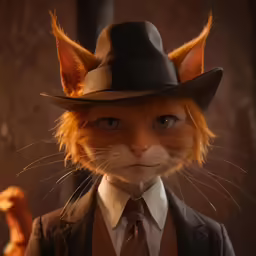 an orange cat wearing a suit and tie with a fake hat on