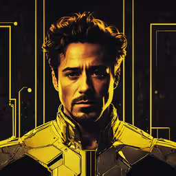 a man in front of a yellow gridded wall with squares,a stylized art piece of actor iron man