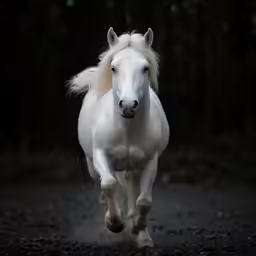 a horse is running on the pavement at night