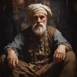 a portrait of an older man with a beard wearing a headdress