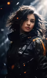 a woman standing in the snow with her hair in the wind