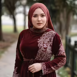 the young woman in a red and white dress is standing
