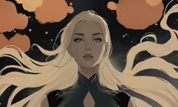a girl in a black dress with long white hair