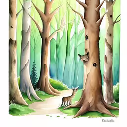 painting - deer and doe in the woods by amanda allin,a painting of a cat sitting on top of a tree,an art work of some kind of artwork with trees and a forest path,an acrylic painting of a fox and cub in the woods,a painting of a cat and its cub in the woods