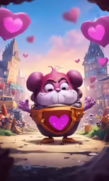 there is a cartoon rat holding a heart in the middle of a street