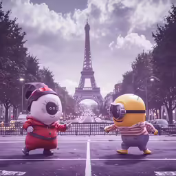 two people in cartoon outfits are standing on the street