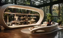 modern living room with futuristic shaped sofa and shelves