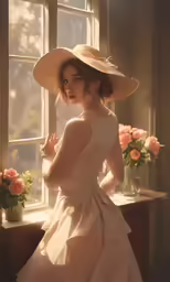 a woman standing in front of a window with a hat