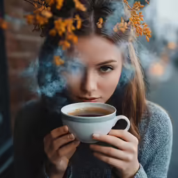 a woman holding a cup of coffee in her hand while she has smoke coming out of her