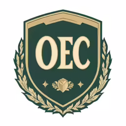 a logo of oec with a shield and laurels on top