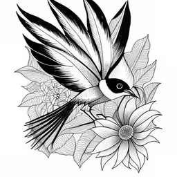 a bird with wings in flight over some flowers,a bird flying over a flower with leaves