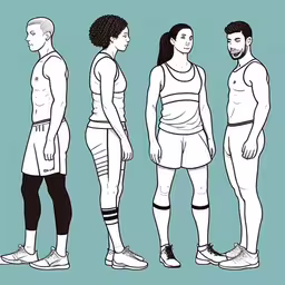 three men and a woman standing in different outfits,a man and two women standing together with each other wearing tight pants,a line up of four different sports clothes,three men and a woman standing with one woman facing away,three men and one woman standing with their backs facing each other