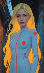 a stylized figure of a woman wearing blue with red dots on it
