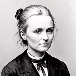 a woman in a suit and tie with a messy bun