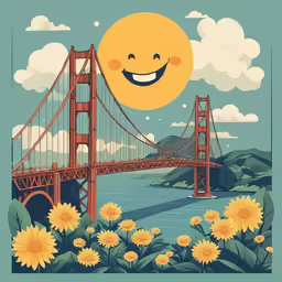 the golden gate bridge with sunflowers and clouds