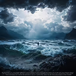 an ocean with dark stormy clouds and blue water