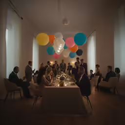 a table that has several balloons above it