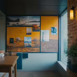 a white table and a yellow wall with pictures