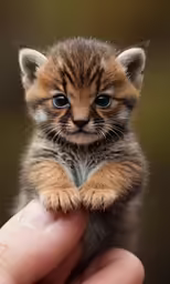 a hand holds a small furry cat cub