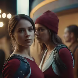 two girls with red and white outfits are standing in front of a building