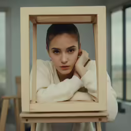 a woman holding up a frame with a picture of herself
