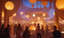 a crowd of people standing inside of a building with hanging lanterns