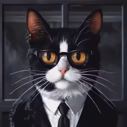a black and white cat wearing glasses and a suit