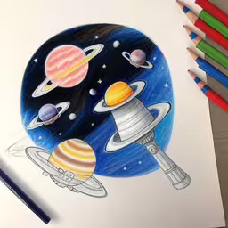 a drawing of several planets on top of a white sheet