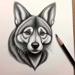 an animal drawing by a pencil on a piece of paper,the drawing of a fox is a good example of how it