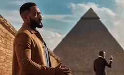 the two men are standing outside in front of the pyramids