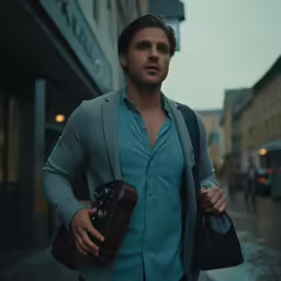 a man holding two briefcases and walking on a city street