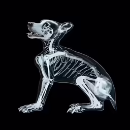 a dog skeleton sitting in the dark with its mouth open