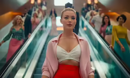 a woman with large breast riding an escalator