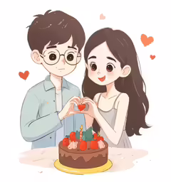 cartoonized photo of young couple at a cake cutting with heart shape