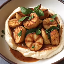 a plate of food with potatoes on top