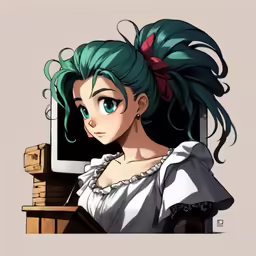 an image of a anime girl holding her head and looking down