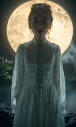 a girl with red lips standing in front of a full moon