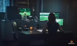 a woman in a darkened office looking at multiple monitors