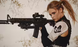 a girl with a paint job holding a rifle