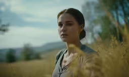 a girl sitting in tall grass looking into the distance