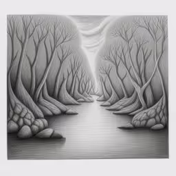 an image of a line art scene with rocks and water,black and white photograph of a river in a forest with trees,a drawing of trees near a body of water,pencil drawing on paper of a landscape, lake and trees,an drawing of trees and rocks in a lake