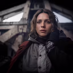 a woman in a coat and gloves holding a hand held